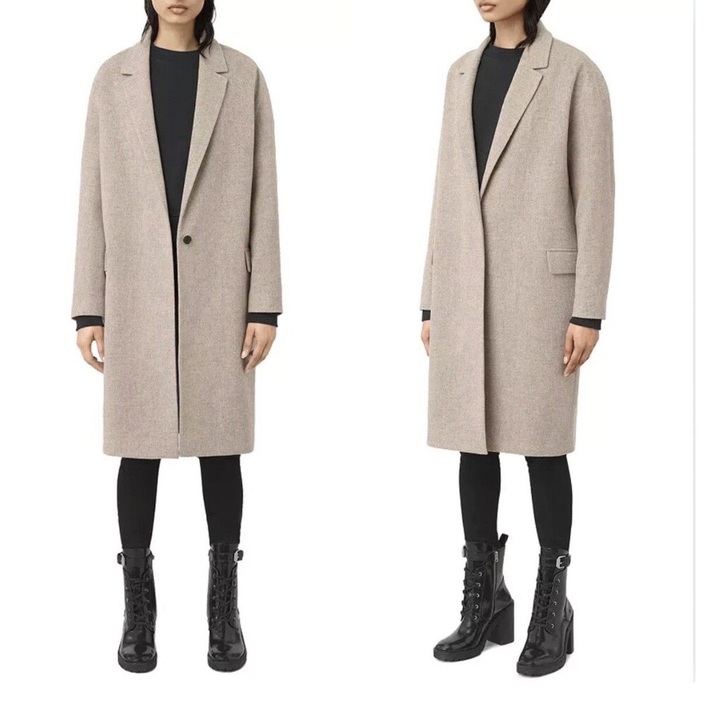 AllSaints Sancia Lotto Long Coat Italian Wool Blend Minimalist Women’s XS Camel